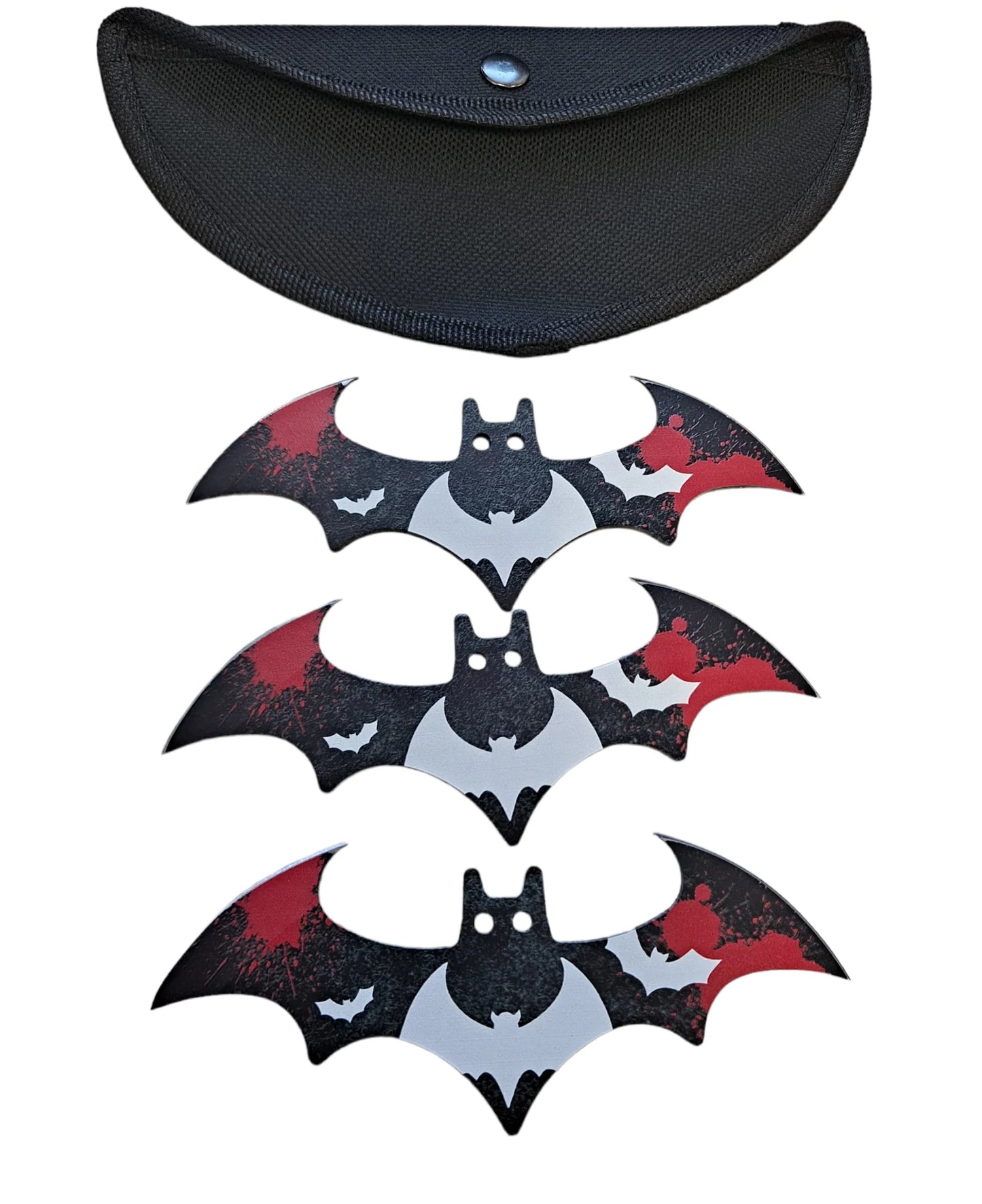 Set of bat-shaped stickers with a black carrying case on a white background