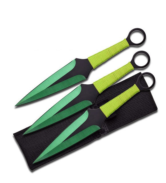 3 Pcs 9" Green Ninja Kunai Throwing Knife