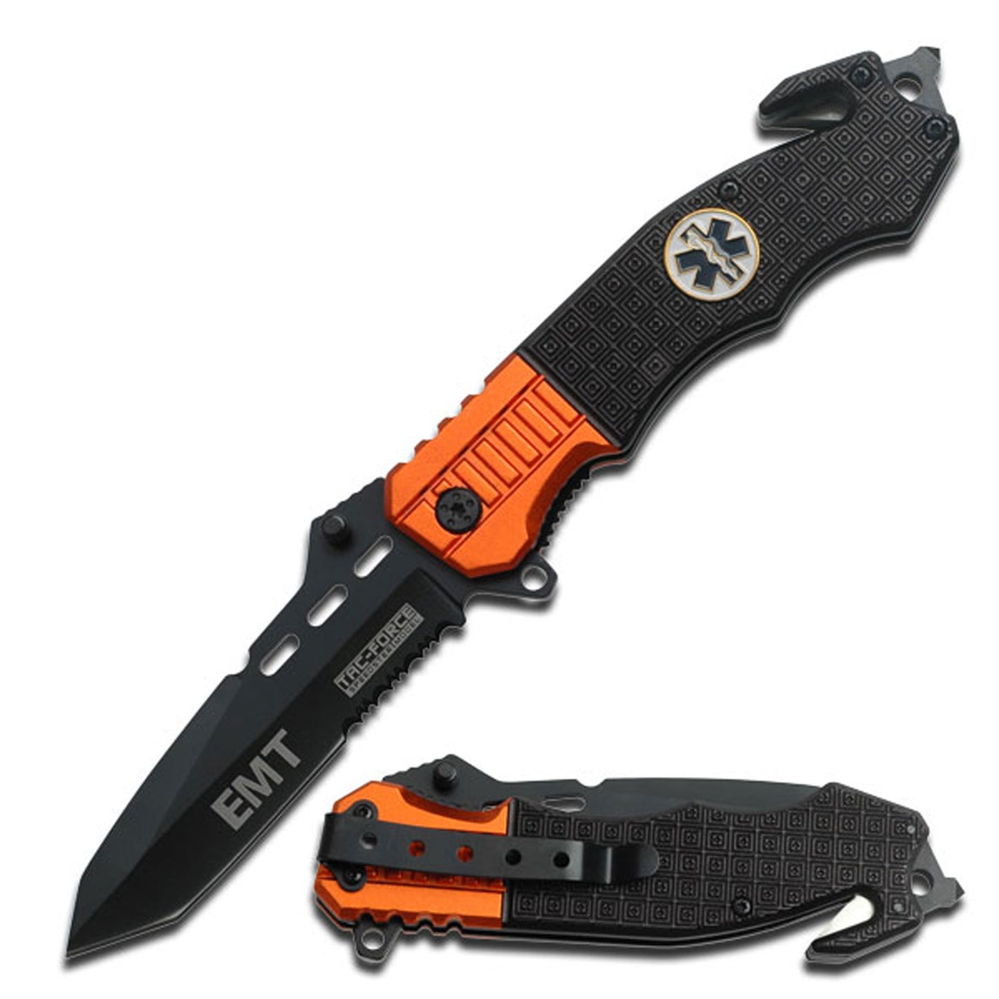 Tac Force Orange Emt Spring Assisted Knife Glass Breaker Included