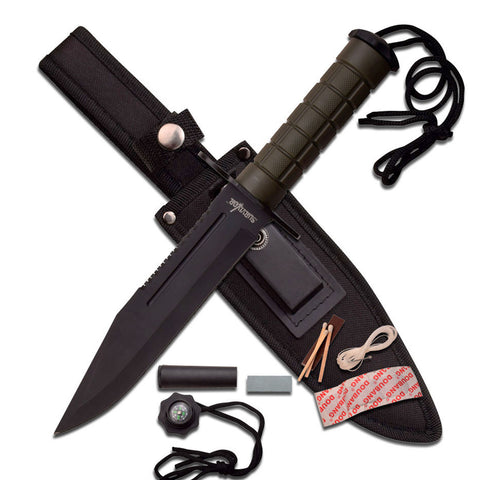 SURVIVOR - FIXED BLADE KNIFE WITH SURVIVAL KIT AND COMPASS - HK-786GN