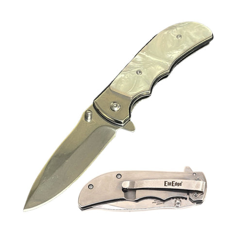 White Pearl Handle Spring Assisted Folding Knife