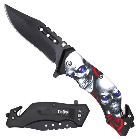 8.5" Red Roses Skull EDC Folding Pocket Tool — Tanto Style - Premium Tactical & Collector Gear