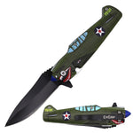 Spring Assist Folding Knife P-40 Kittyhawk WWII Fighter Plane - Green