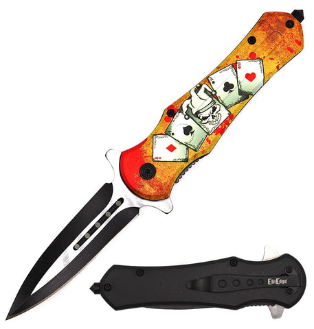 Skull Gambler Dagger Style Spring Assisted Open Folding Pocket Knife