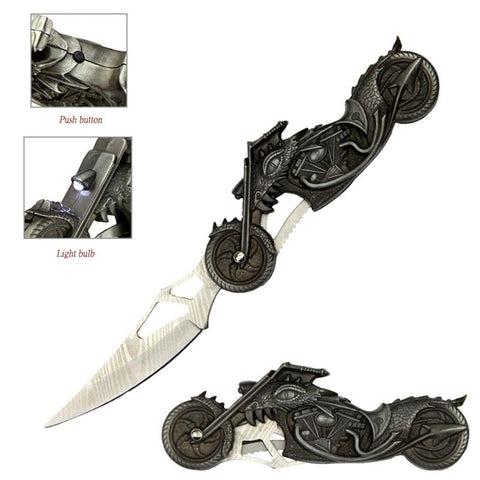 Grey Motorcycle Spring Assisted Knife With Light