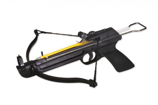 Black crossbow with yellow Bolt Arrow on a white background