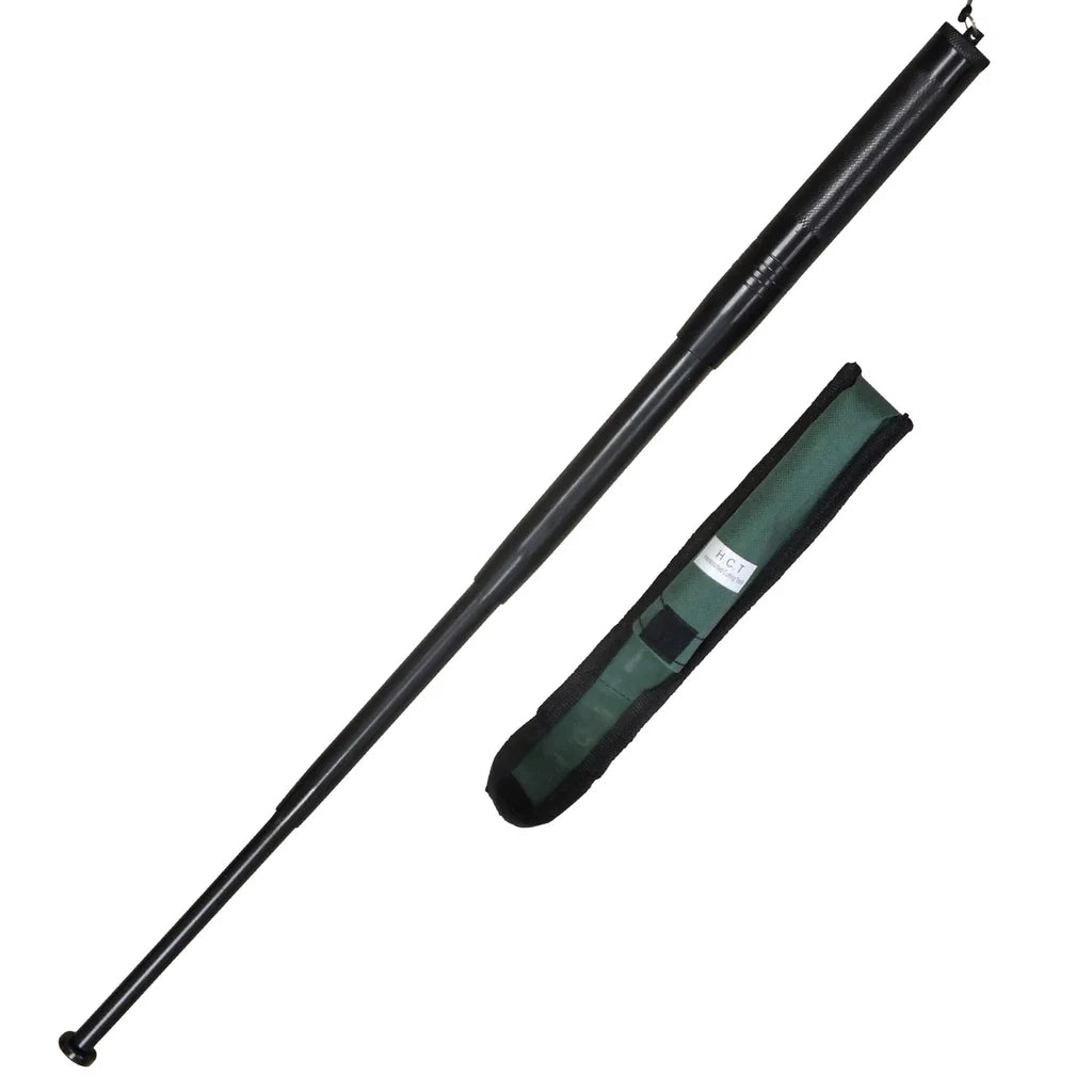 Black 21-inch collapsible steel baton with green belt sheath