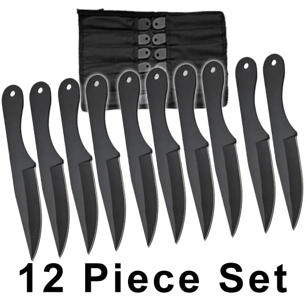 12 black knives with a black sheath on a white background