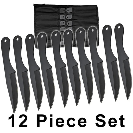 12 black knives with a black sheath on a white background