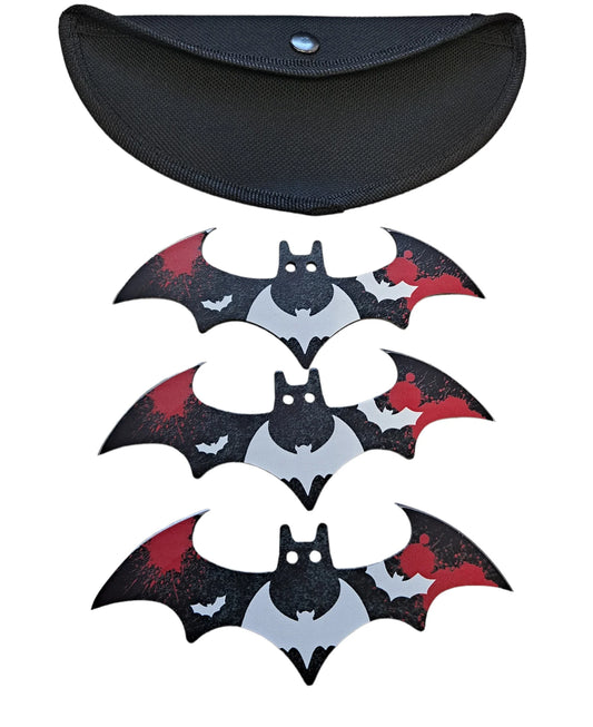 Set of bat-shaped stickers with a black carrying case on a white background