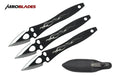Four black throwing knives with flame designs and a sheath on a white background, featuring the Aeroblades brand.