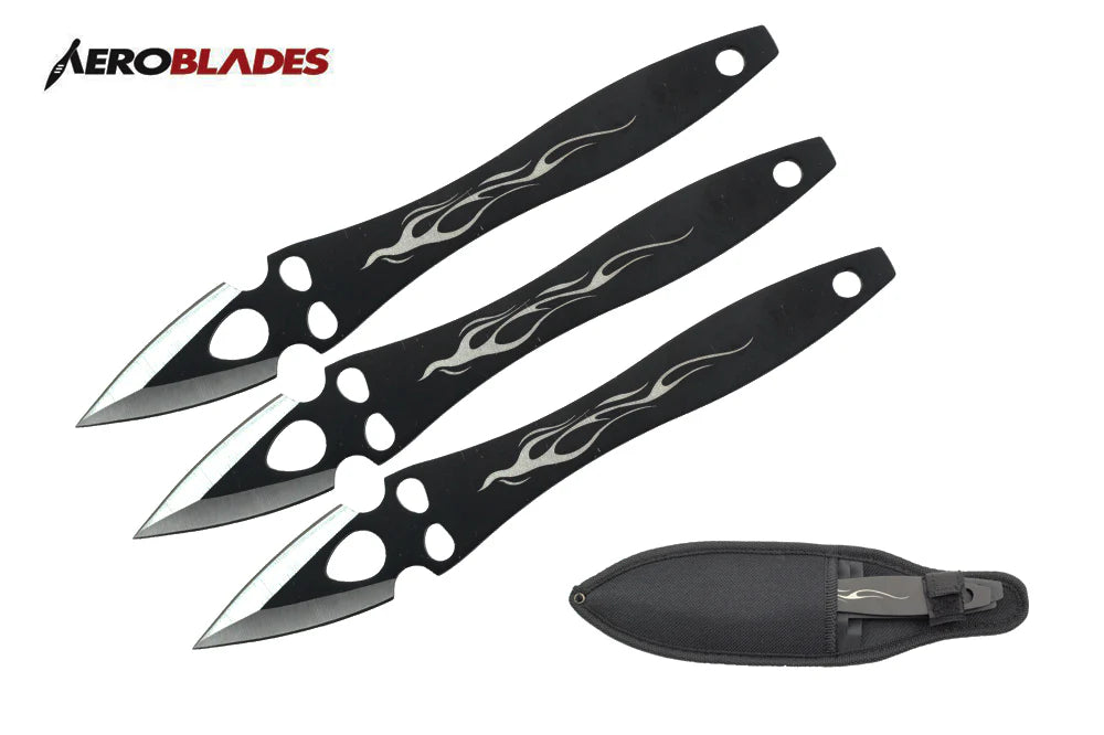 Four black throwing knives with flame designs and a sheath on a white background, featuring the Aeroblades brand.