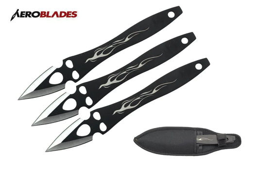 Four black throwing knives with flame designs and a sheath on a white background, featuring the Aeroblades brand.