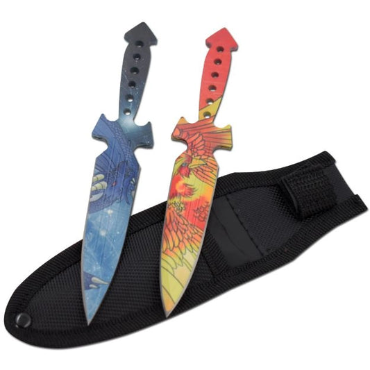 Two colorful knives with sheaths on a white background