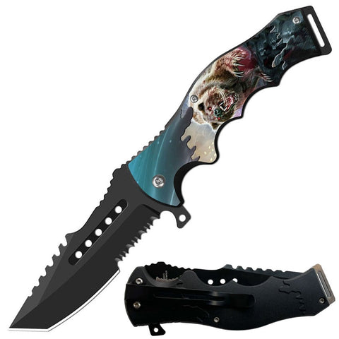 Blue And Red Bear Spring Assisted Knife