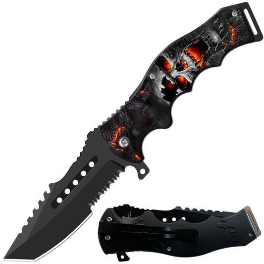 8.5" Flame Skull EDC Spring Folding Pocket Tool — Tanto Cleaver Style - Premium Tactical & Collector Gear