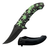 8" Cannabis Marijuana Leaf Spring Assisted Open Folding Pocket Knife Black