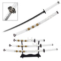 White Japanese samurai katana sword set with display stand