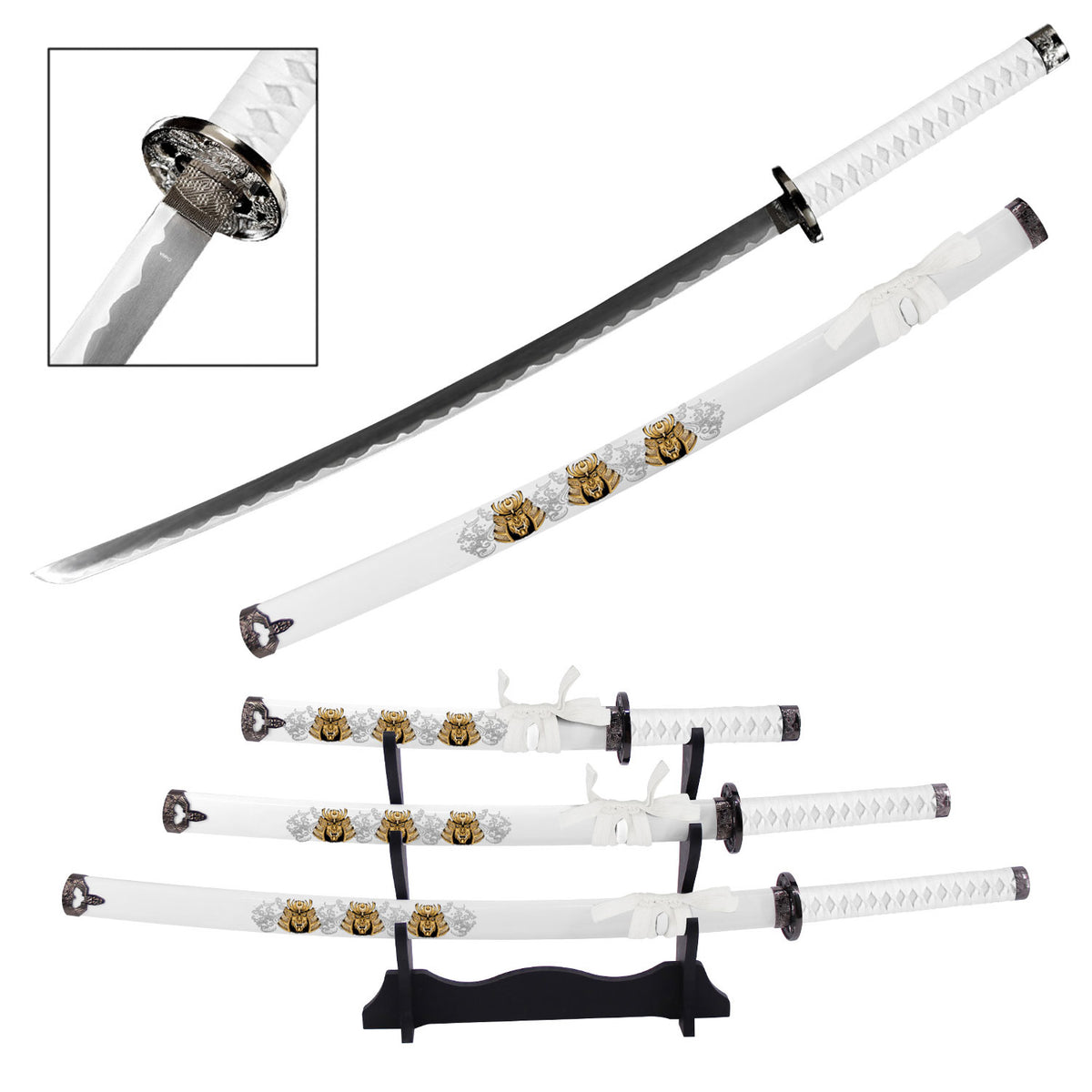 White Japanese samurai katana sword set with display stand
