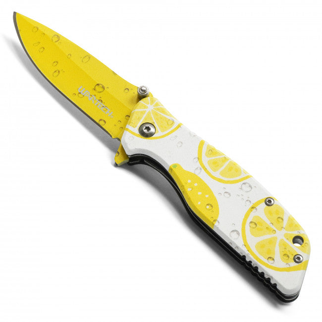 Folding knife with lemon pattern on a white background