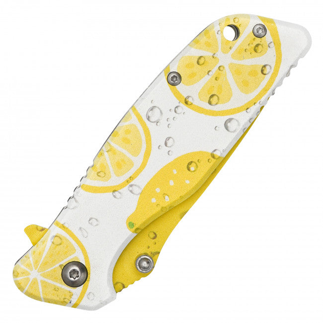 A folding pocket knife with a white handle decorated with a yellow lemon slice pattern and water droplets, shown on a plain white background.