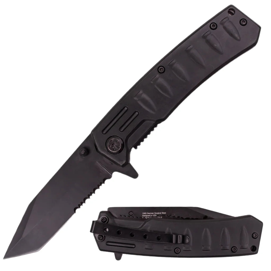 Bullet Time 8 Inch Super Spring Assisted Knife - Black - Premium Tactical & Collector Gear
