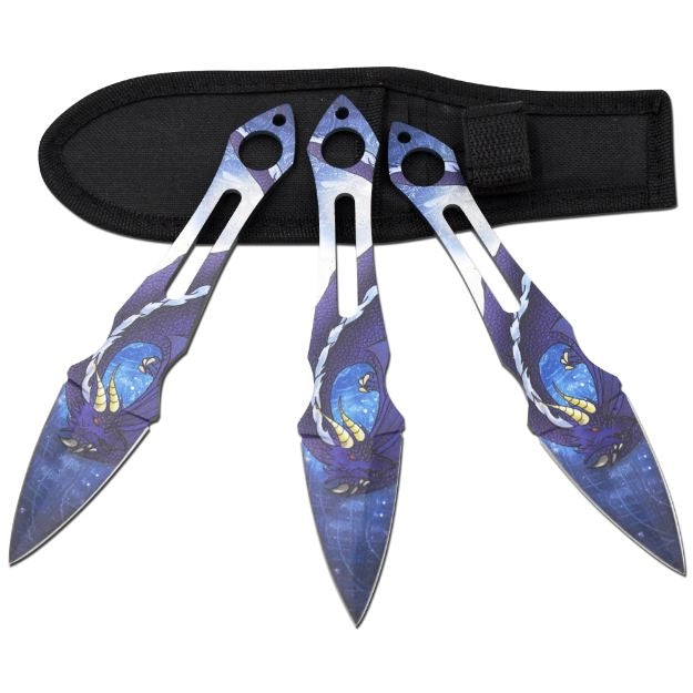 Three decorative throwing knives with a black sheath on a white background