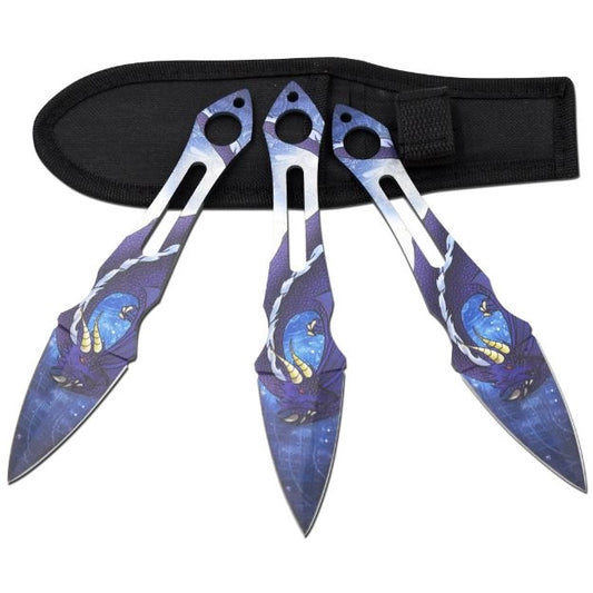Three decorative throwing knives with a black sheath on a white background