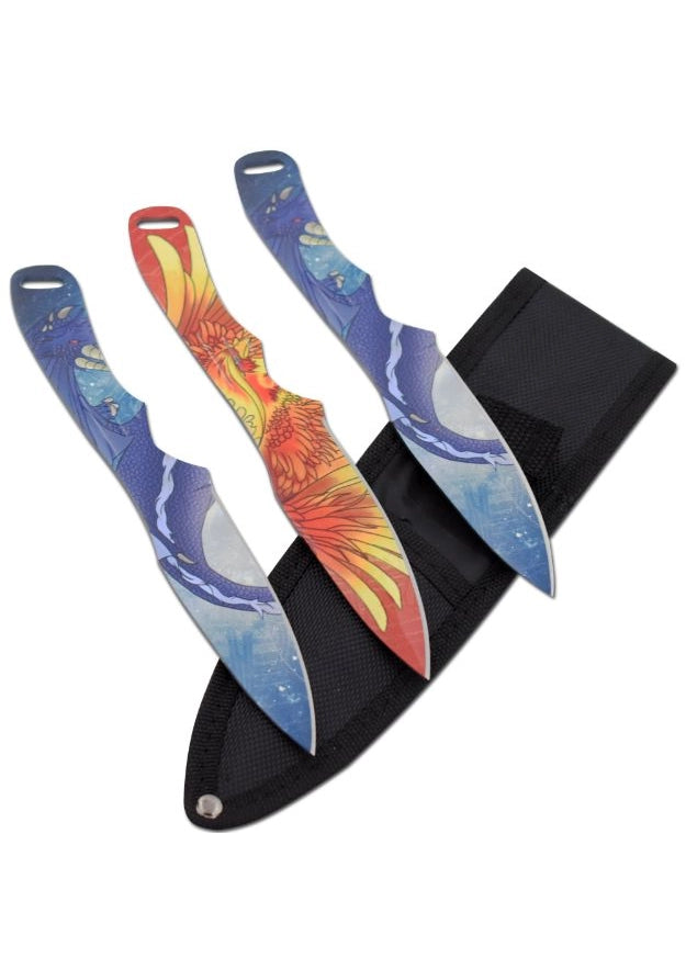 Three colorful knives with a black sheath on a white background