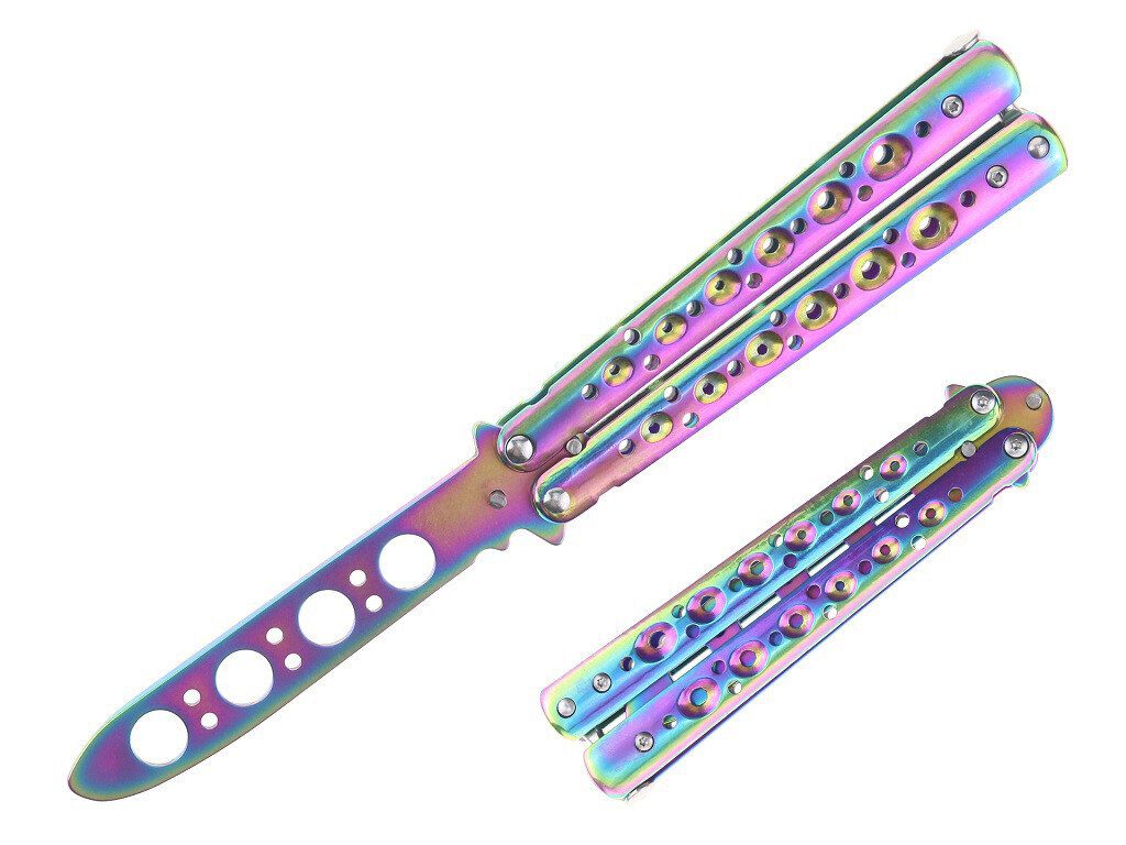 8.5" Stainless Steel Butterfly Trainer - Rainbow - Fantasticblades