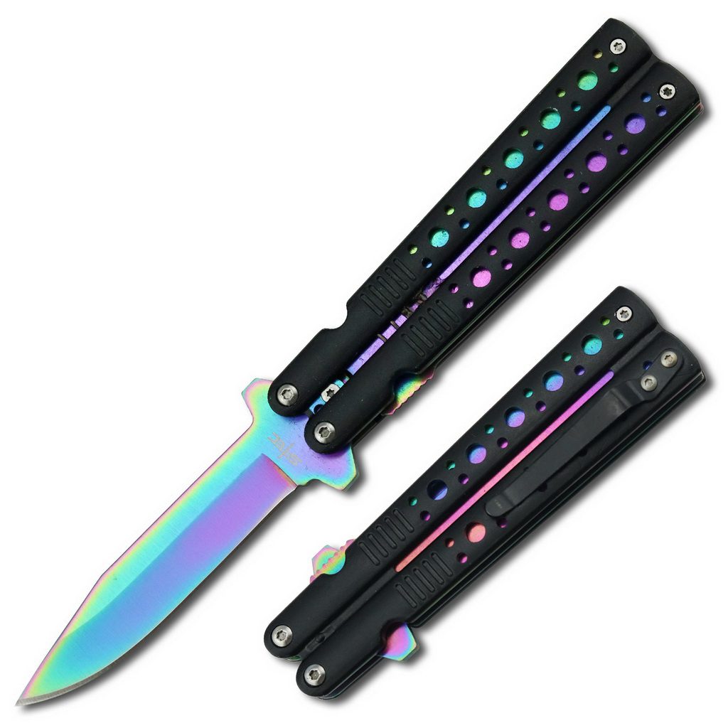 8.5" S-TEC Spring-Assist Butterfly-Style Folding Knife - Rainbow - Fantasticblades