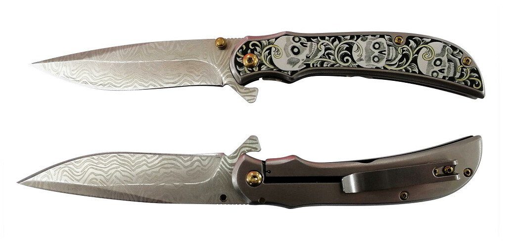 Stainless Steel Assisted Folding Knife with Skull Design - Gunmetal - Fantasticblades