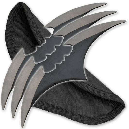 Set of metal claws with black sheaths on a white background