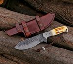Custom Handmade Hammered Damascus Steel Hunting Skinning Knife
