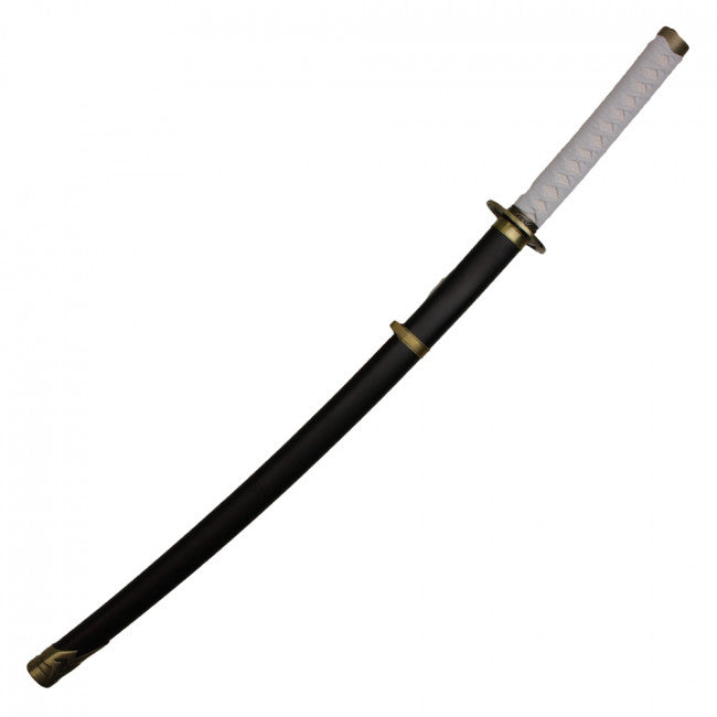 Virgil Yamato replica katana in black scabbard with white-wrapped handle and gold-colored fittings