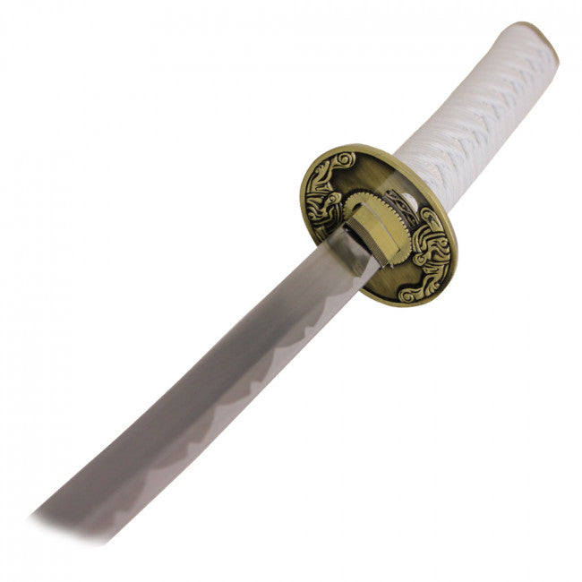 For the handle close-up: “Virgil Yamato replica katana close-up showing white-wrapped handle, decorative gold-colored guard and blade”