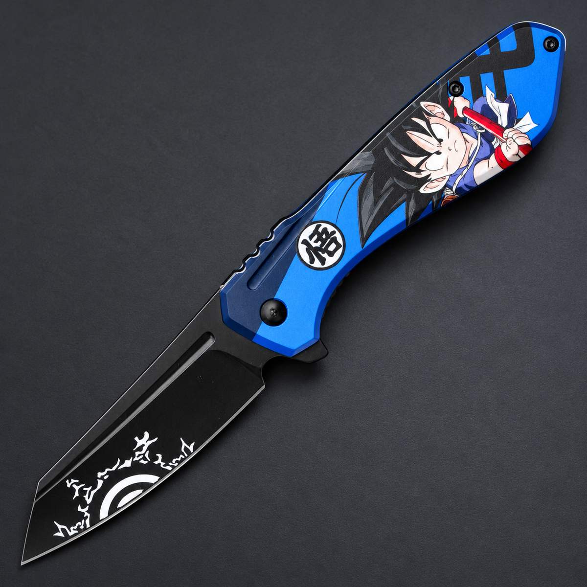 Blue anime spring assisted pocket knife on charcoal background