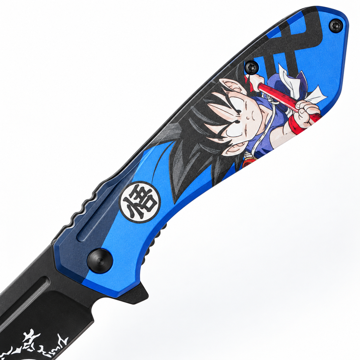 Close-up of blue anime pocket knife handle artwork