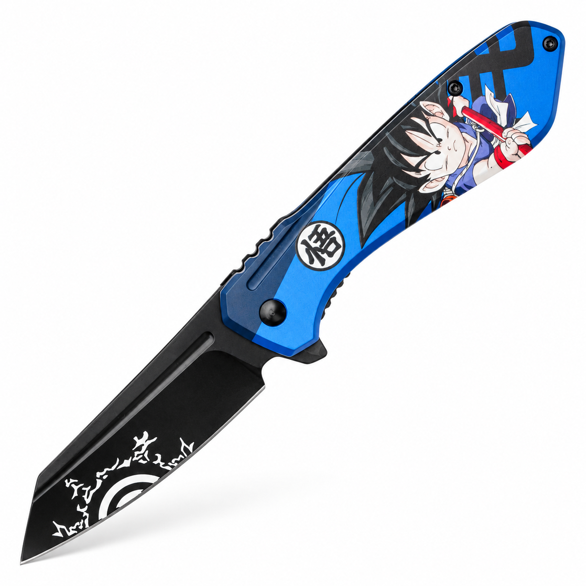 Blue anime spring assisted pocket knife on white background
