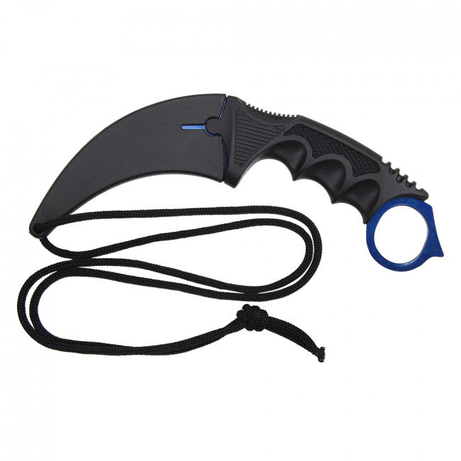 Blue karambit neck knife in black plastic sheath with neck cord