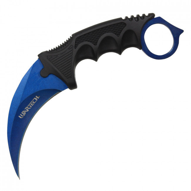 Blue curved karambit neck knife with black textured handle and blue finger ring