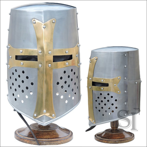 Barrel Brass Medieval Helmet Crusader with Stand