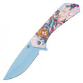 Blue Magician graphic assisted folding knife with blue printed blade