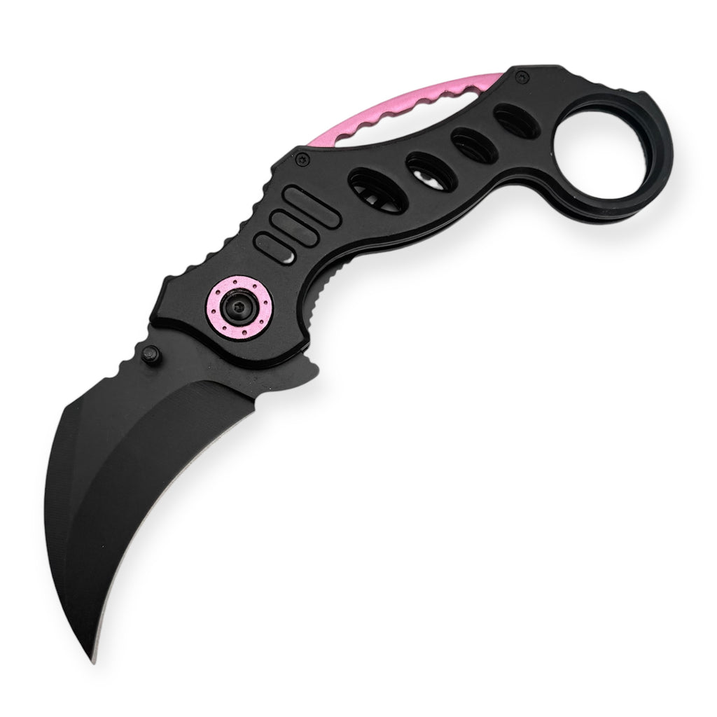 Tiger USA black and pink assisted karambit with curved blade