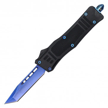 7" auto otf knife black/blue blade