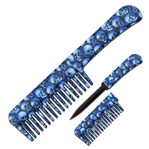 Self Defense Brush Comb With Hidden Knife - Toxic Skulls Blue - Fantasticblades